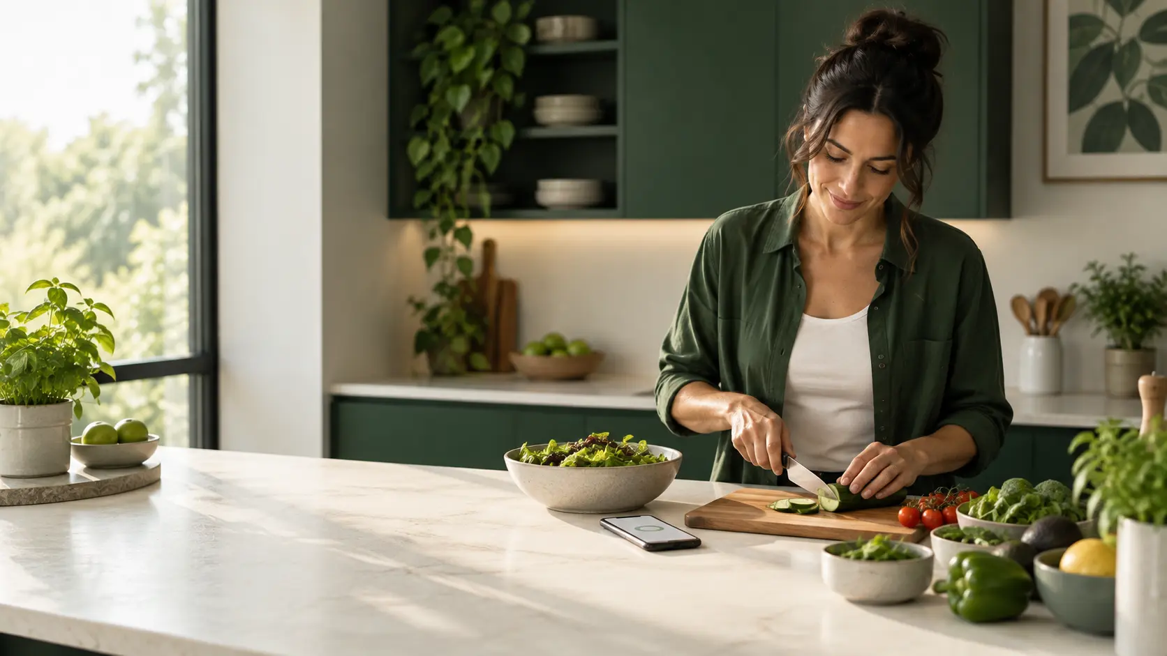 Hands preparing fresh vegetables on a dark green kitchen counter