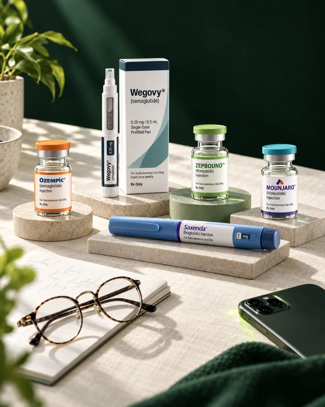 GLP-1 pen, vial, and physician notes arranged as a complete care kit